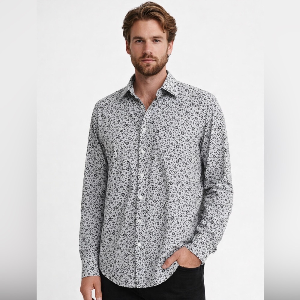 Mizzen + Main white Black‎ Floral Print Button Down Dress Shirt Long Sleeve XXL